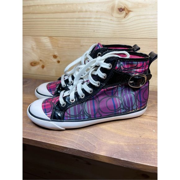 Coach Shoes - Coach Britney Women's Pink, Purple & Blue Monogram Hi Top Sneakers with Buckle A